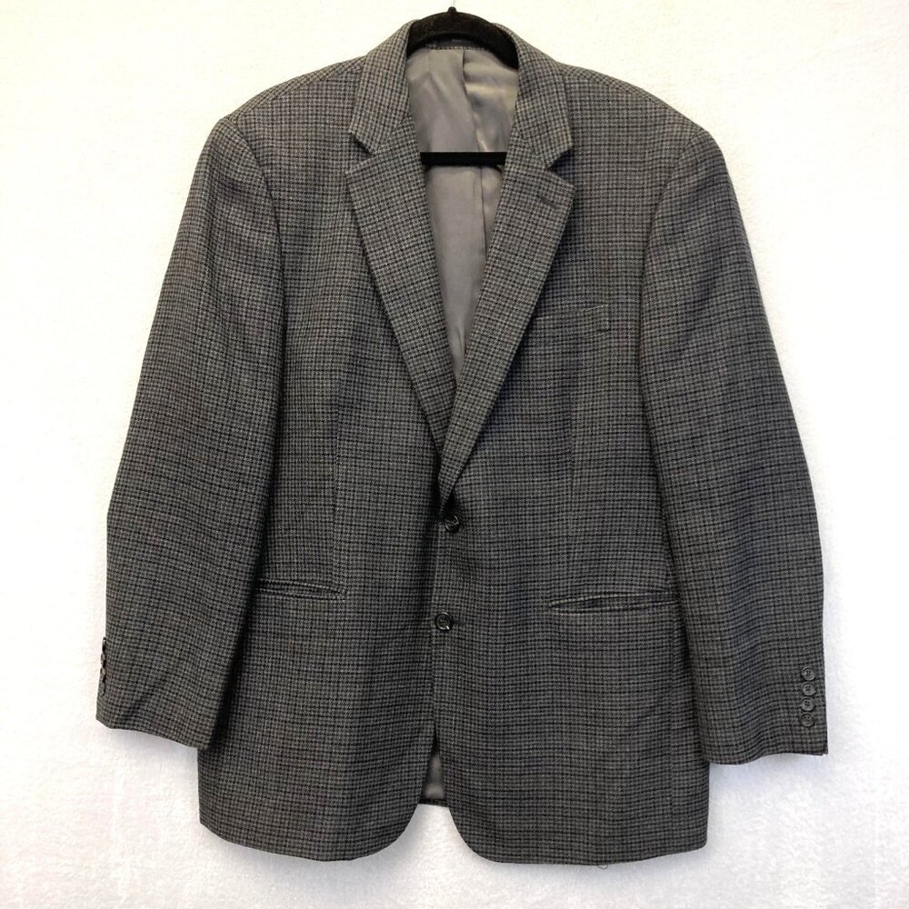 Chaps 100% Lambswool Blazer Jacket Mens 42R‎ Gray Houndstooth Sport Coat Formal